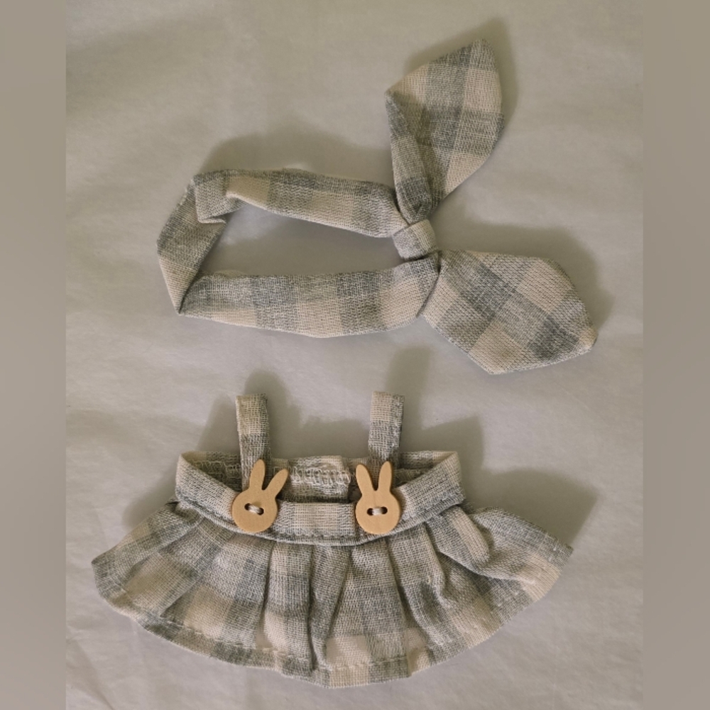 Adorable Labubu Doll Green and Cream Plaid Headband and Skirt Set
